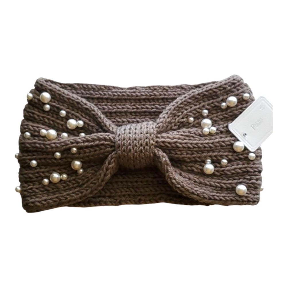 Bow Shaped Winter Knit Headband with Faux Pearls